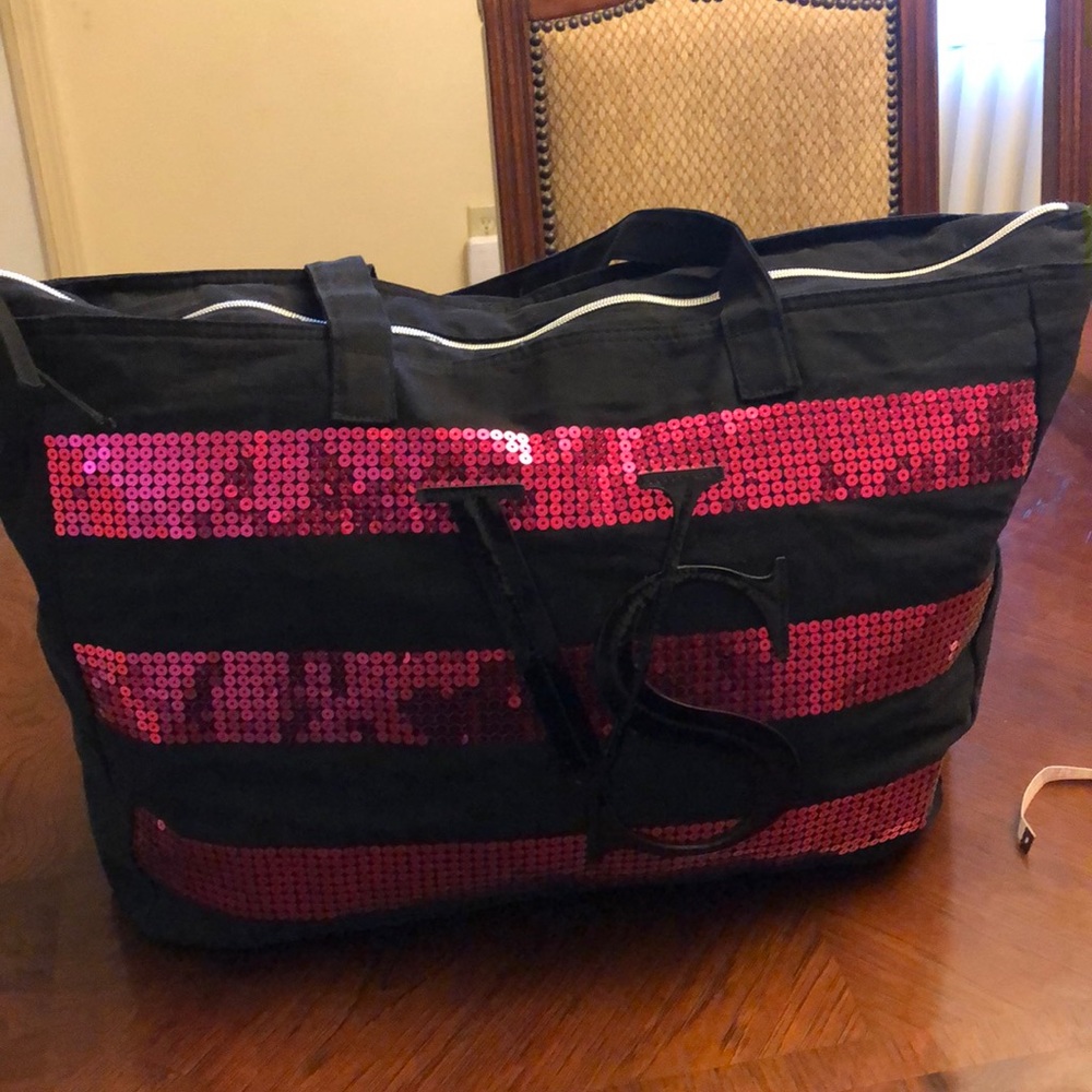 VS Hot Black Tote With Pink Sequins Weekend/Travel